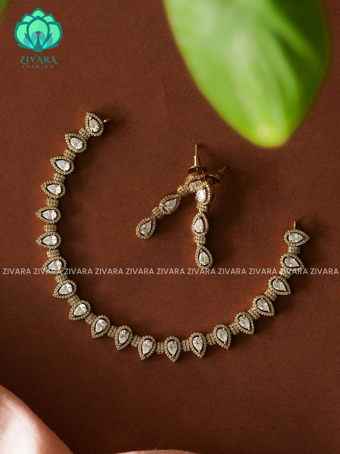 White - Tear motif - stylish and minimal elegant neckwear with earrings- Zivara Fashion