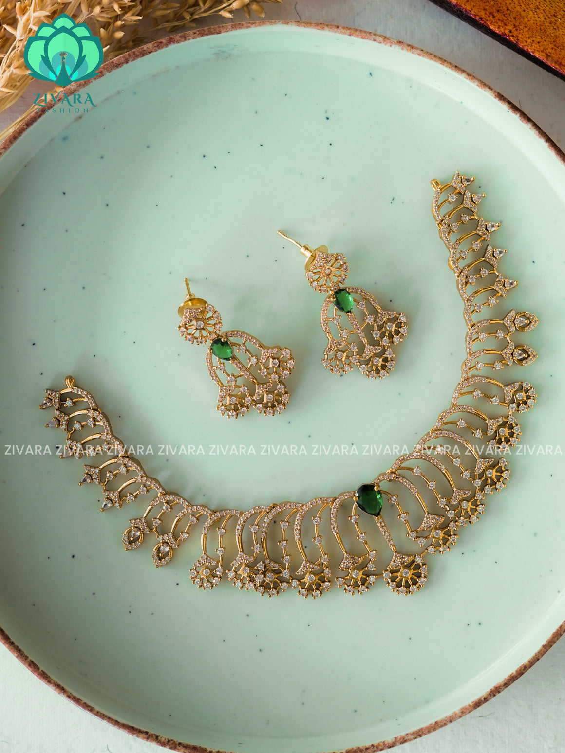 GREEN- FAN- GOLD FINISH stylish and minimal elegant neckwear with earrings- Zivara Fashion