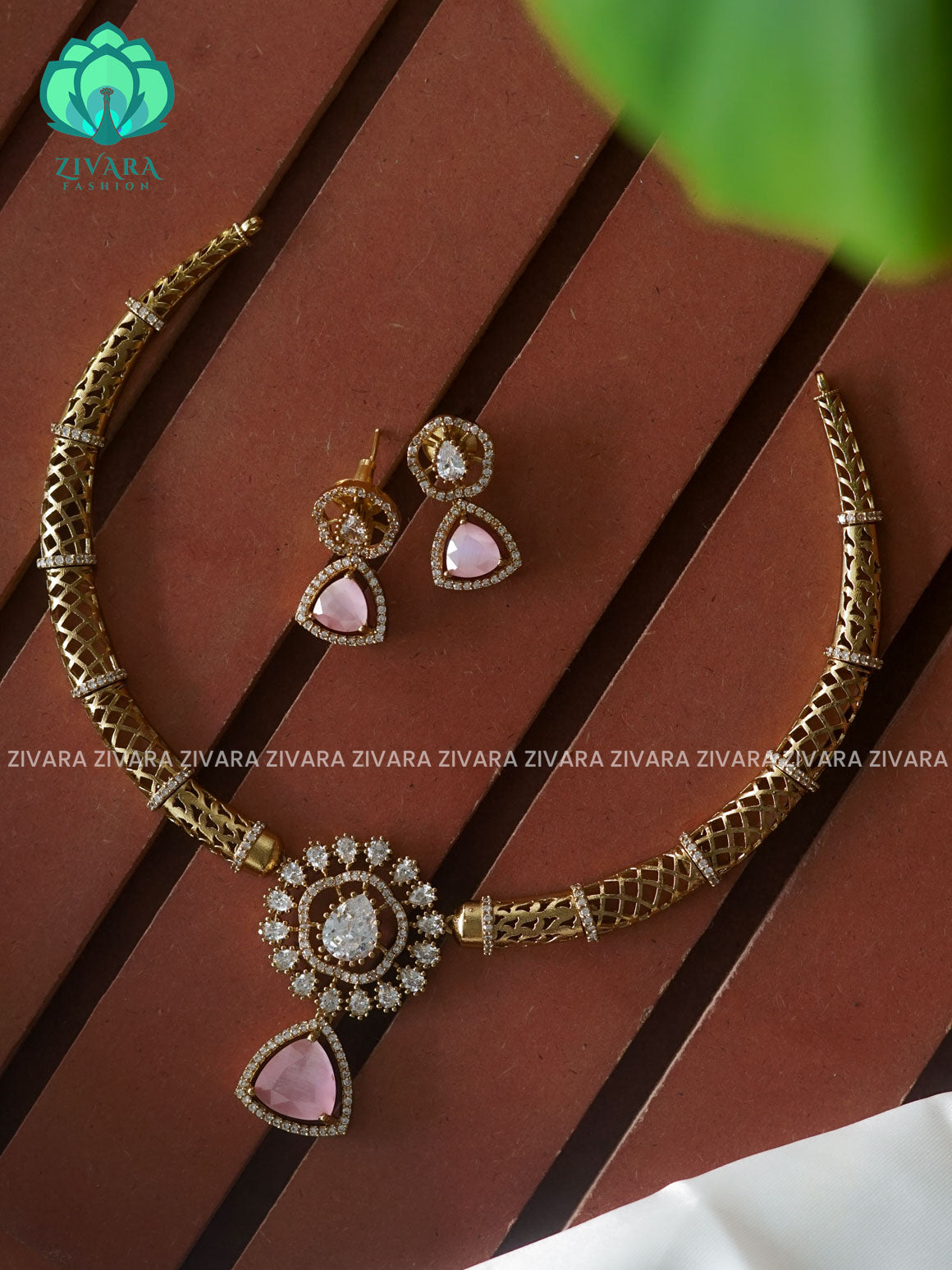 PINK - TRIANGLE PENDANT HASLI - Traditional south indian premium neckwear with earrings- Zivara Fashion- latest jewellery desigN