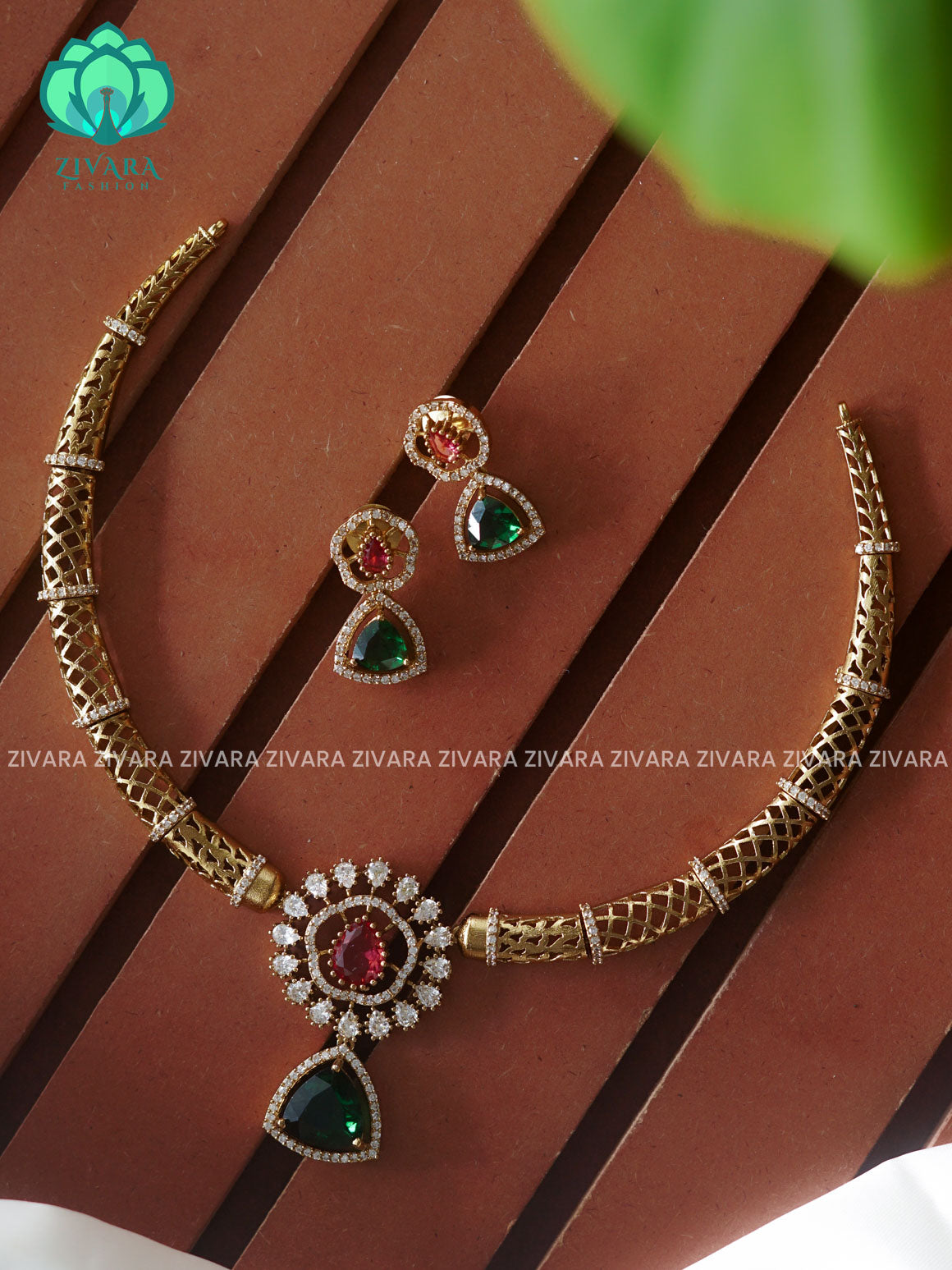 RUBY GREEN- TRIANGLE PENDANT HASLI - Traditional south indian premium neckwear with earrings- Zivara Fashion- latest jewellery desigN