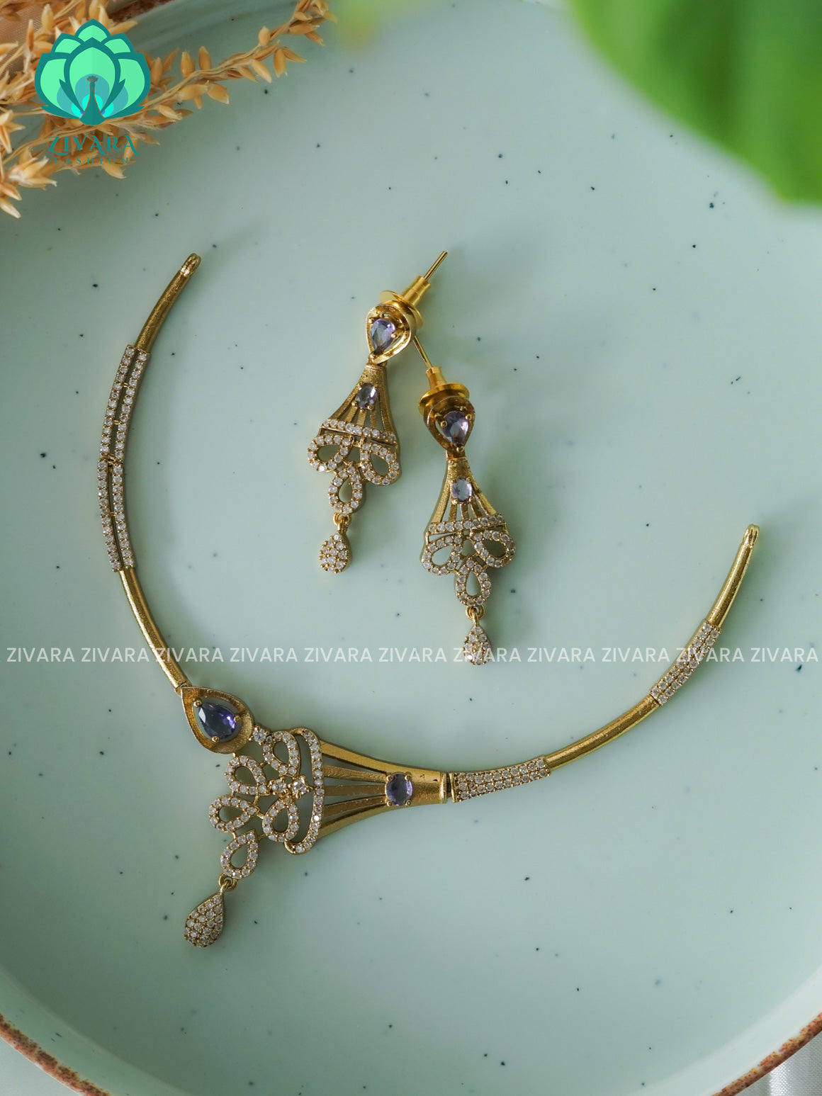 Purple Simple and kids friendly hasli - PREMIUM SUBTLE GOLD FINISH stylish and minimal elegant neckwear with earrings- Zivara Fashion