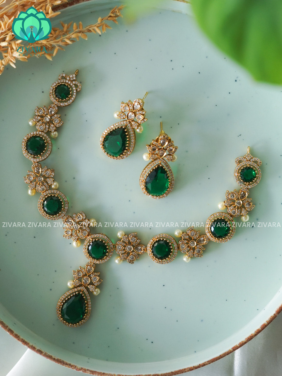 GREEN STONE AD MOTIF FREE TEAR- SUBTLE POLISH stylish and minimal elegant neckwear with earrings- Zivara Fashion