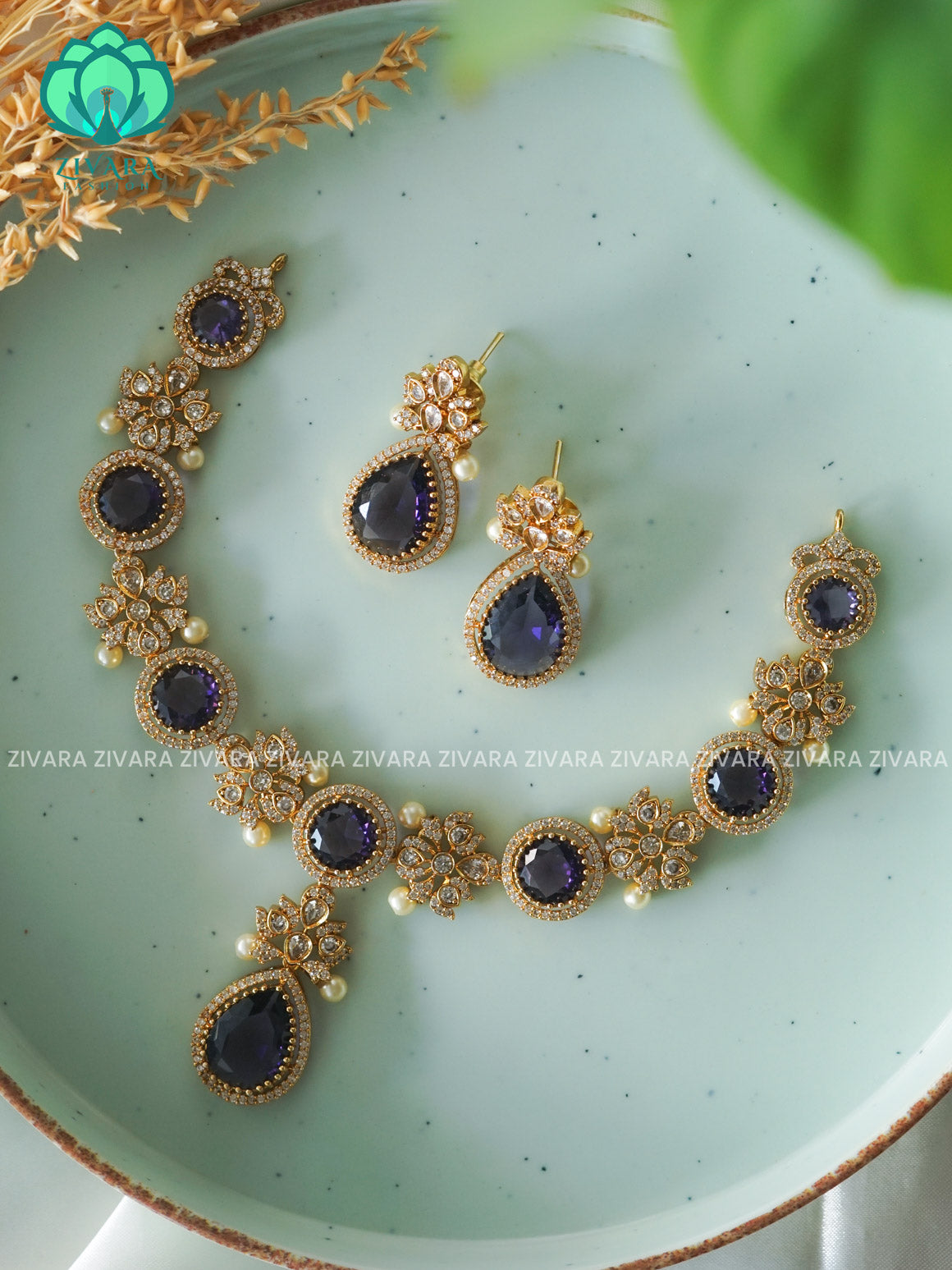 PURPLE STONE AD MOTIF FREE TEAR- SUBTLE POLISH stylish and minimal elegant neckwear with earrings- Zivara Fashion