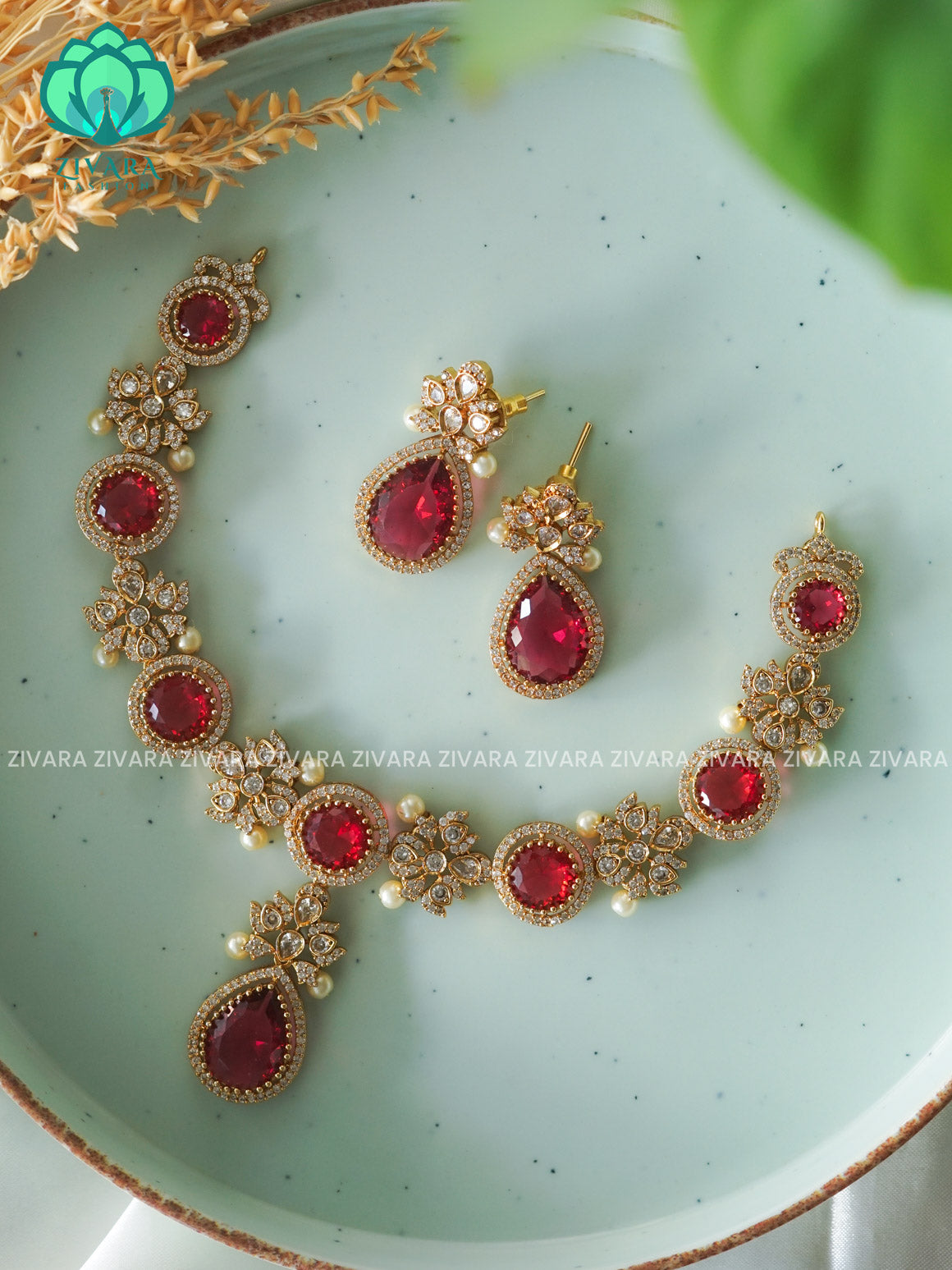 RUBY STONE AD MOTIF FREE TEAR- SUBTLE POLISH stylish and minimal elegant neckwear with earrings- Zivara Fashion