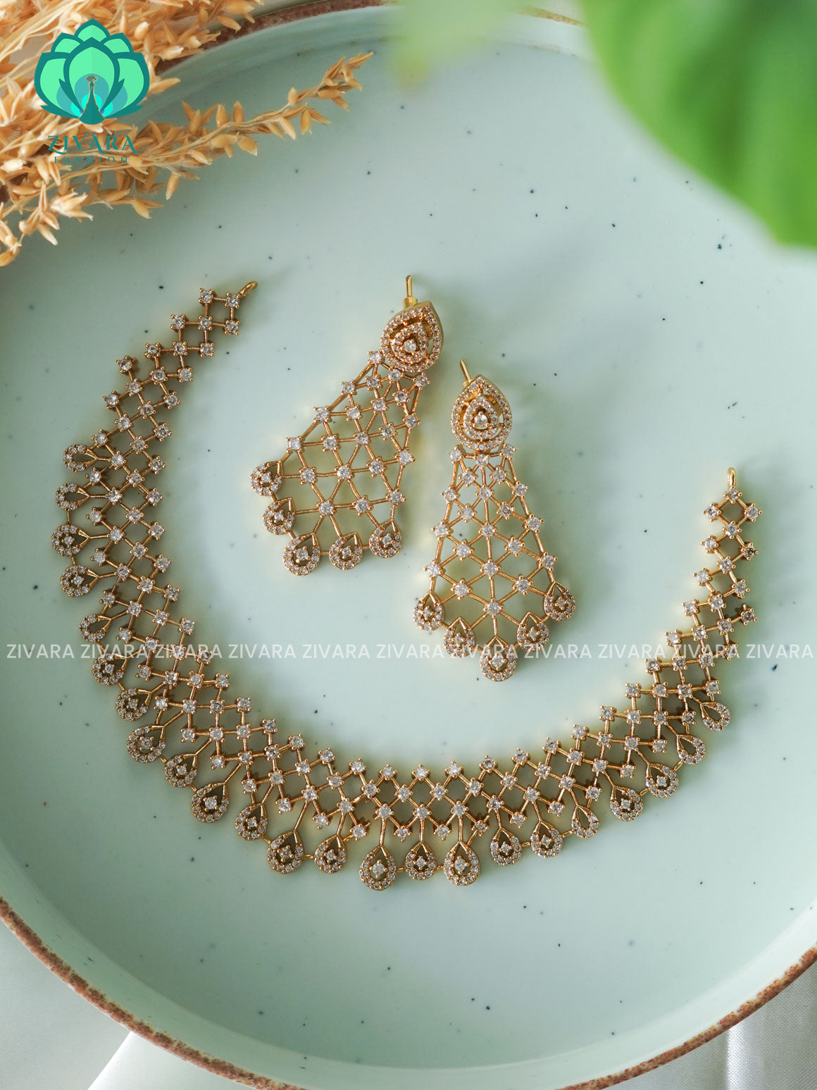 White stone Diamond replica  - PREMIUM SUBTLE GOLD FINISH stylish and minimal elegant neckwear with earrings- Zivara Fashion