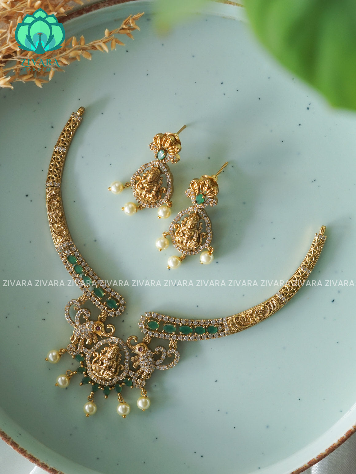 GREEN TEMPLE HASLI -Traditional south indian premium neckwear with earrings- Zivara Fashion- latest jewellery design
