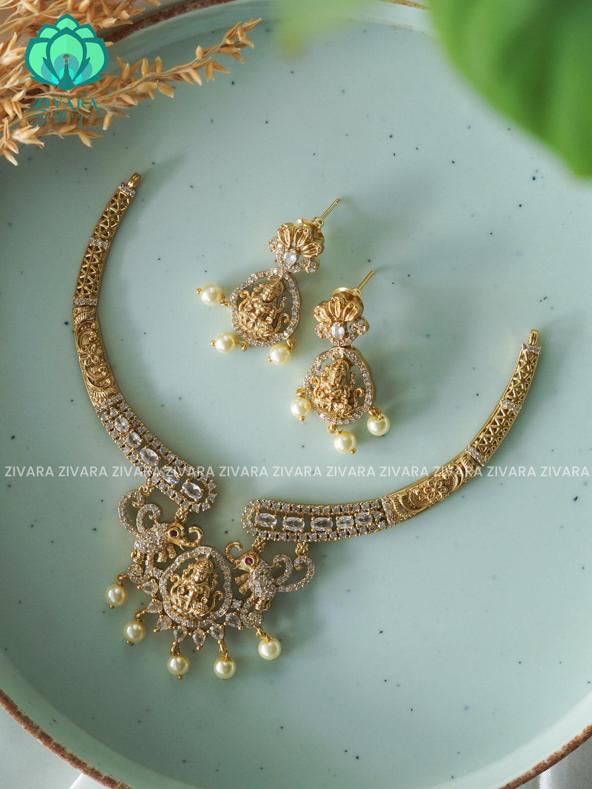 WHITE TEMPLE HASLI -Traditional south indian premium neckwear with earrings- Zivara Fashion- latest jewellery design