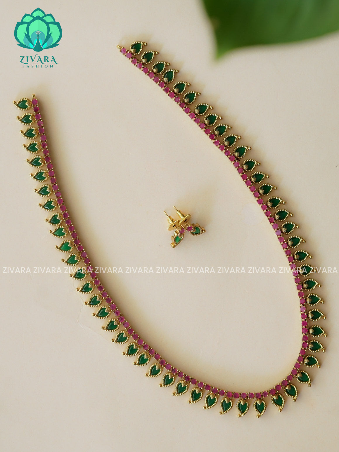 ANANYA SERIES - DARK GREEN MANGO PALAKKA - Traditional PREMIUM MATTE polish MIDCHEST haaram/neckwear with earrings- Zivara Fashion