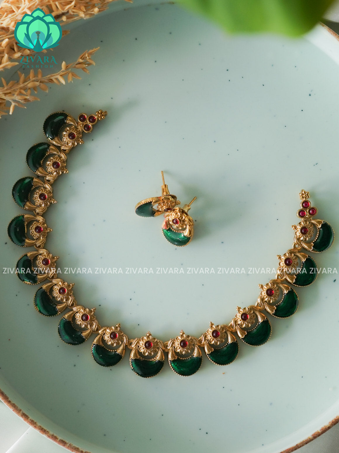 ANANYA SERIES -GREEN ENAMEL PALAKKA - Traditional south indian NORMAL MATTE neckwear with earrings- Zivara Fashion- latest jewellery design