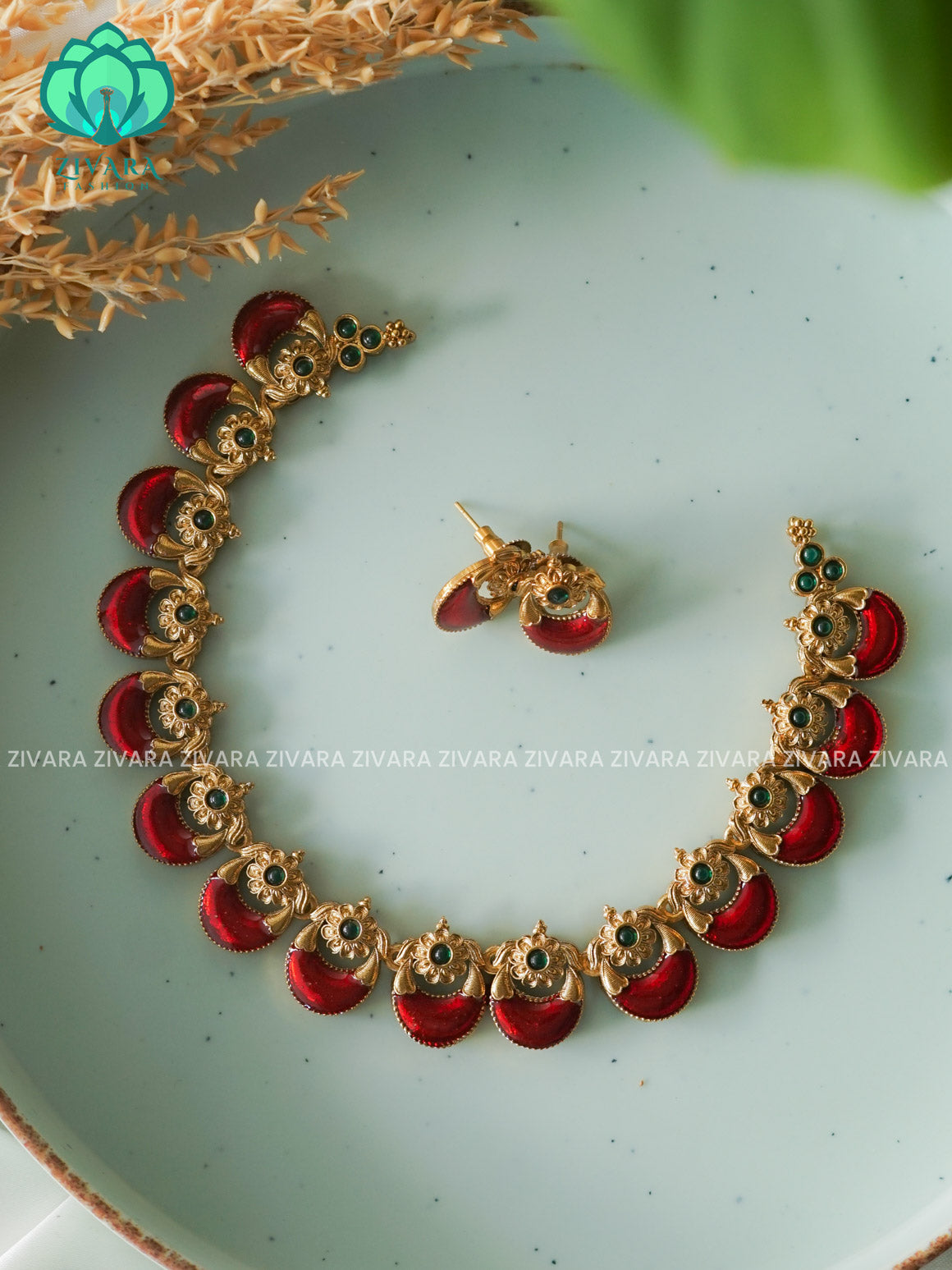 ANANYA SERIES - RUBY ENAMEL PALAKKA - Traditional south indian NORMAL MATTE neckwear with earrings- Zivara Fashion- latest jewellery desigN