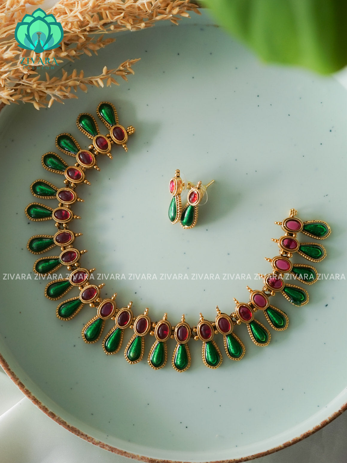 ANANYA SERIES -GREEN ENAMEL PALAKKA - Traditional south indian NORMAL MATTE neckwear with earrings- Zivara Fashion- latest jewellery design