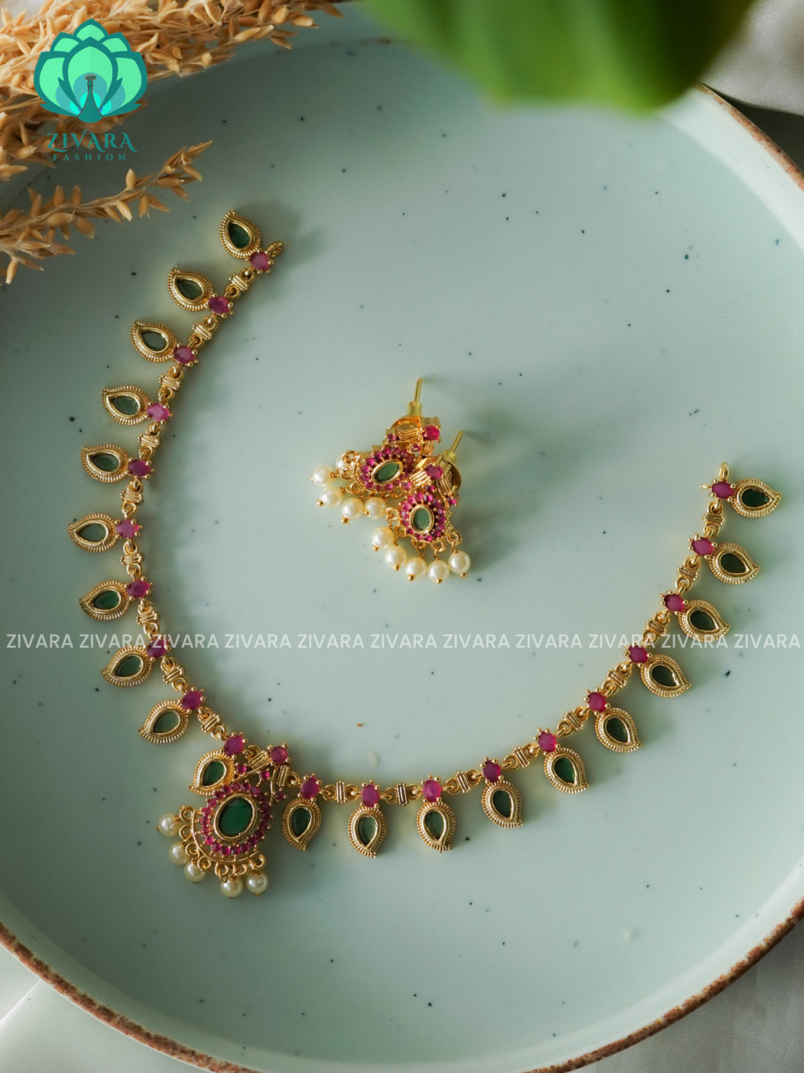 ANANYA SERIES - GREEN PALAKKAD Traditional south indian premium neckwear with earrings- Zivara Fashion- latest jewellery design.