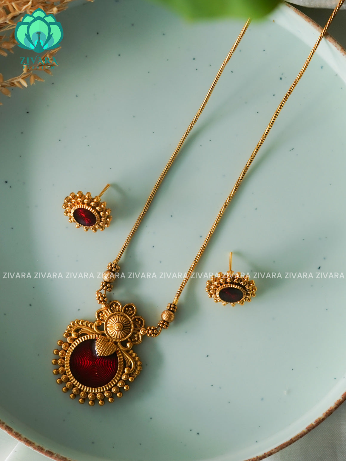 ANANYA SERIES - RUBY ENAMEL PALAKKA - Traditional south indian NORMAL MATTE neckwear with earrings- Zivara Fashion- latest jewellery desigN