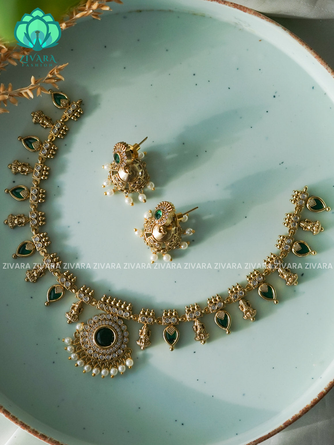 ANANYA SERIES - GREEN PALAKKAD Traditional south indian premium neckwear with earrings- Zivara Fashion- latest jewellery design.