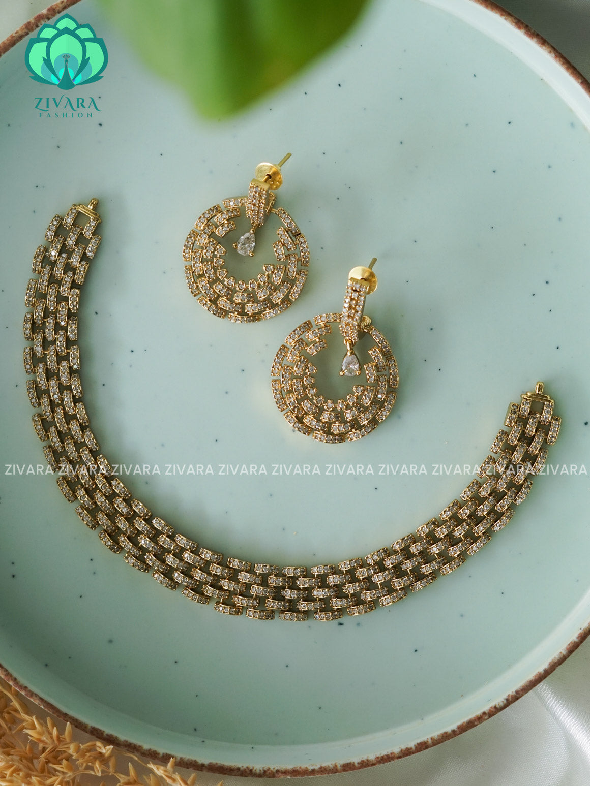 WHITE STONE  DIAMOND REPLICA - SUBTLE POLISH stylish and minimal elegant neckwear with earrings- Zivara Fashion