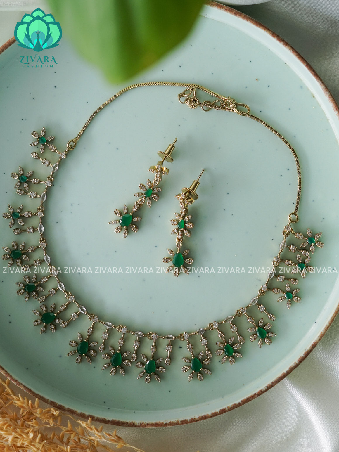 GREEN FLORAL HANGING SUBTLE POLISH  stylish and minimal elegant neckwear with earrings- Zivara FashioN