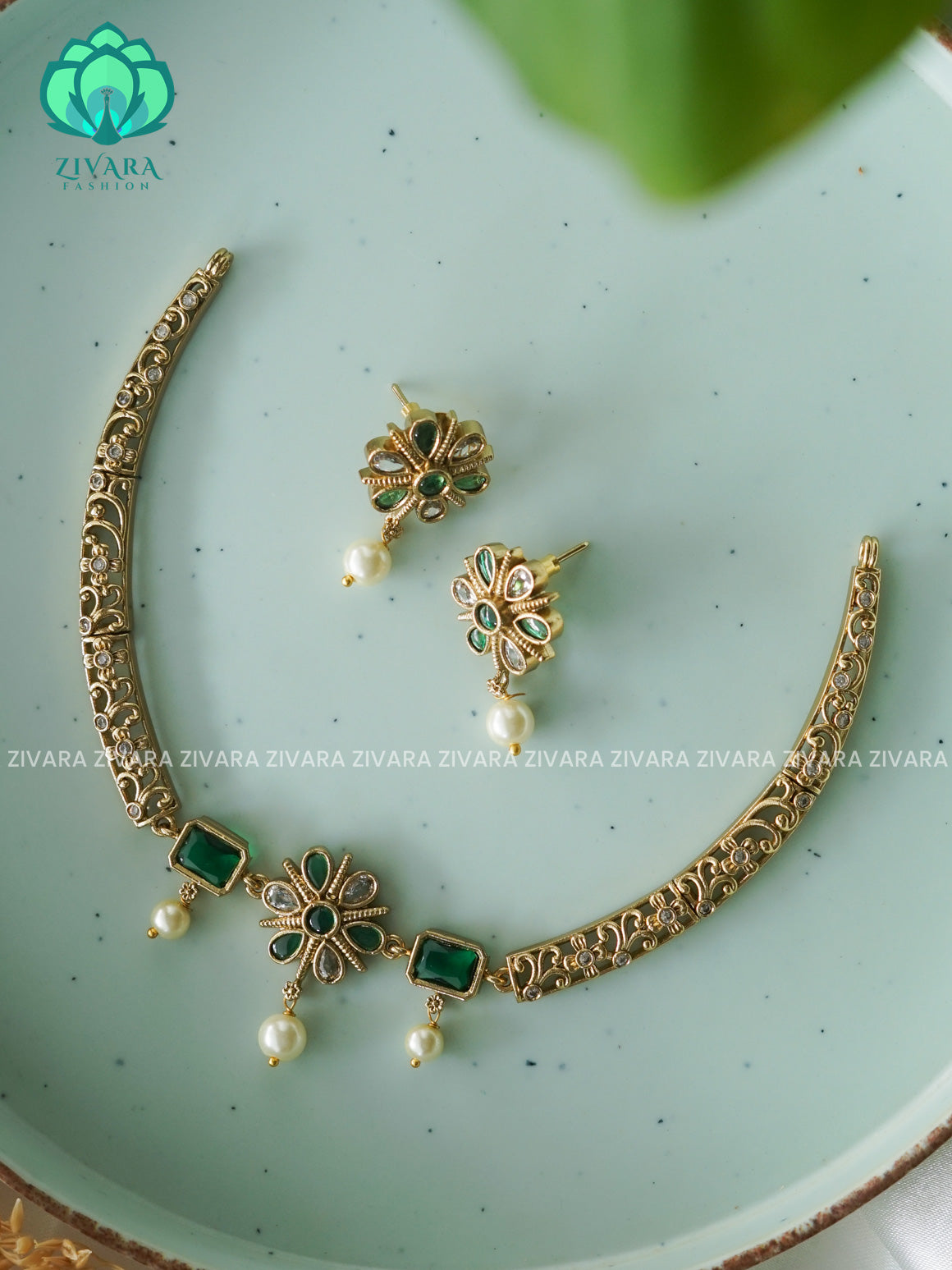 GREEN KIDS FRIENDLY FLORAL HASLI Traditional south indian premium neckwear with earrings- Zivara Fashion- latest jewellery desigN