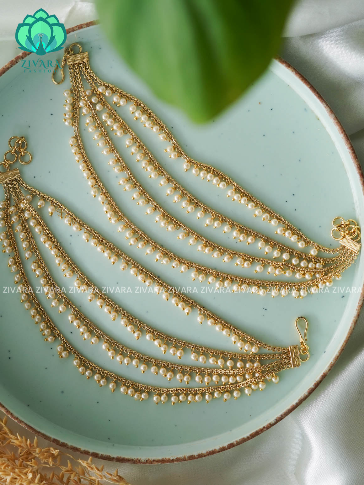 four layer pearl premium finish bridal earchain maatal- south indian kemp bridal accessory