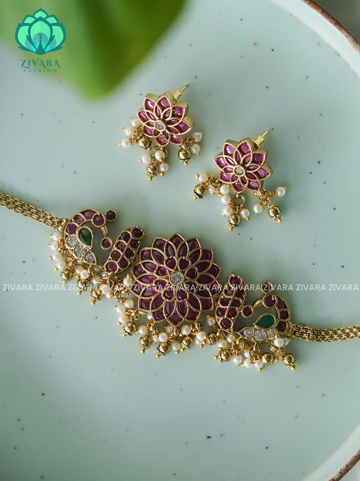 Real kemp  ANNAPAKSHI  choker- CZ matte finish- Zivara Fashion