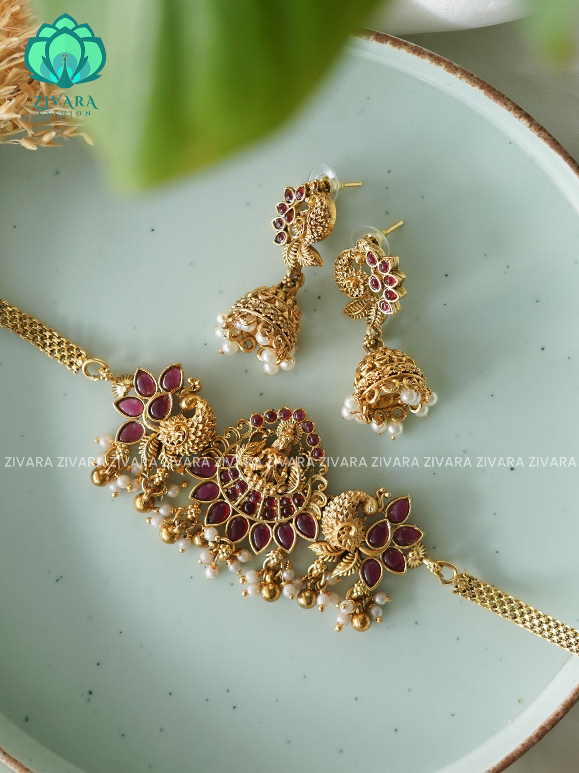 RUBY - Trending temple peacock choker with earrings-latest south indian jewellery