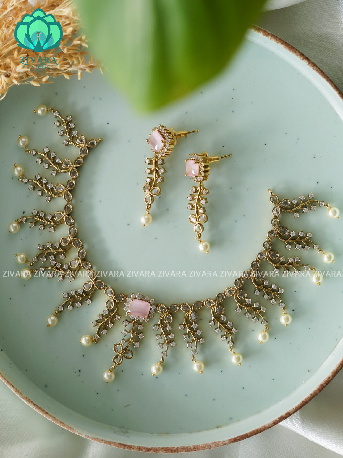 PASTEL PINK LEAFY  DIAMOND REPLICA - stylish and minimal elegant neckwear with earrings- Zivara Fashion