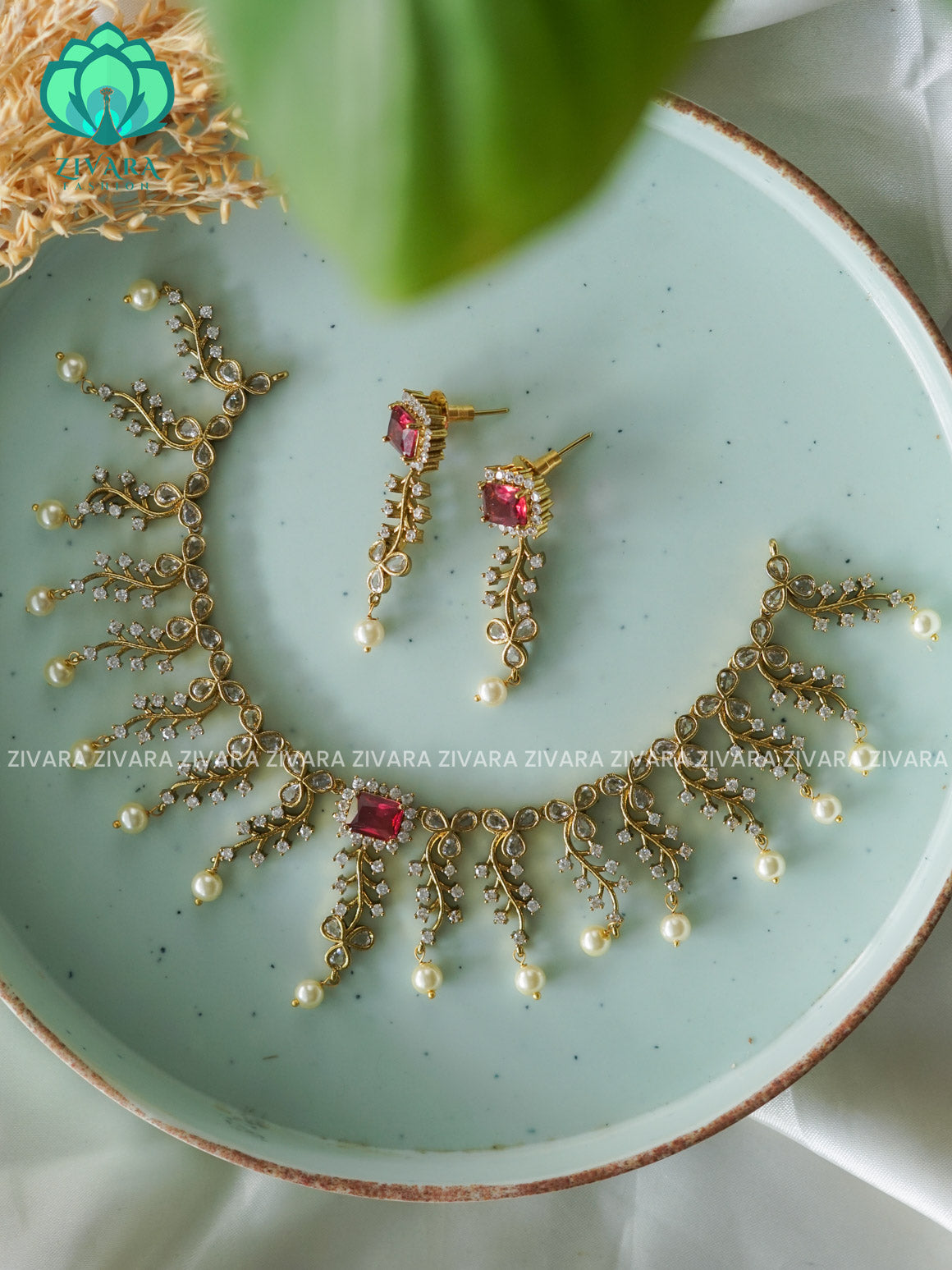 RUBY LEAFY  DIAMOND REPLICA - stylish and minimal elegant neckwear with earrings- Zivara Fashion