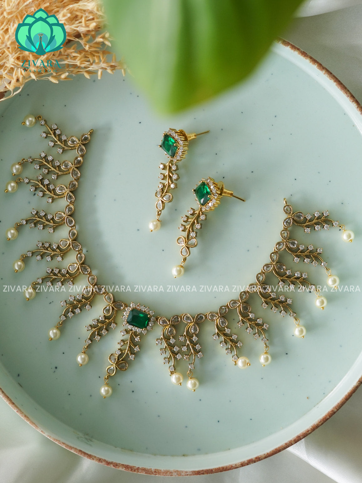 GREEN LEAFY  DIAMOND REPLICA - stylish and minimal elegant neckwear with earrings- Zivara Fashion