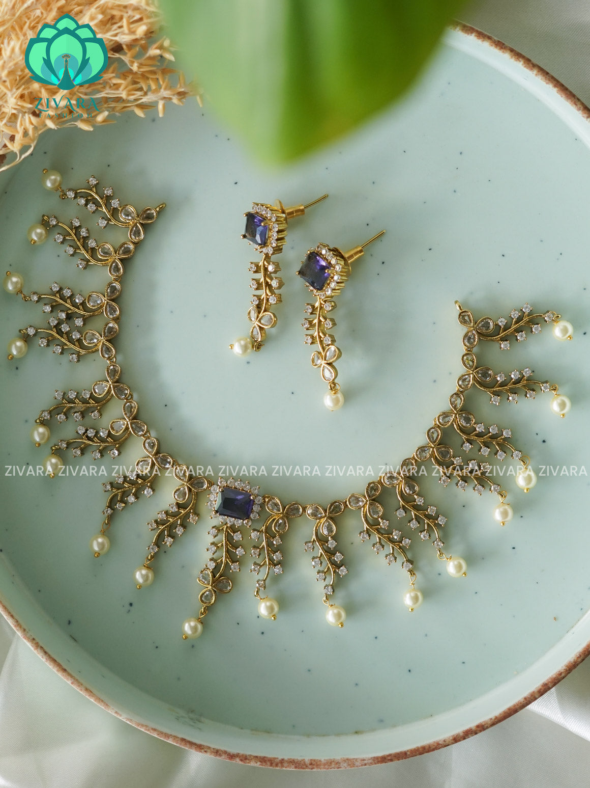 PURPLE LEAFY  DIAMOND REPLICA - stylish and minimal elegant neckwear with earrings- Zivara Fashion