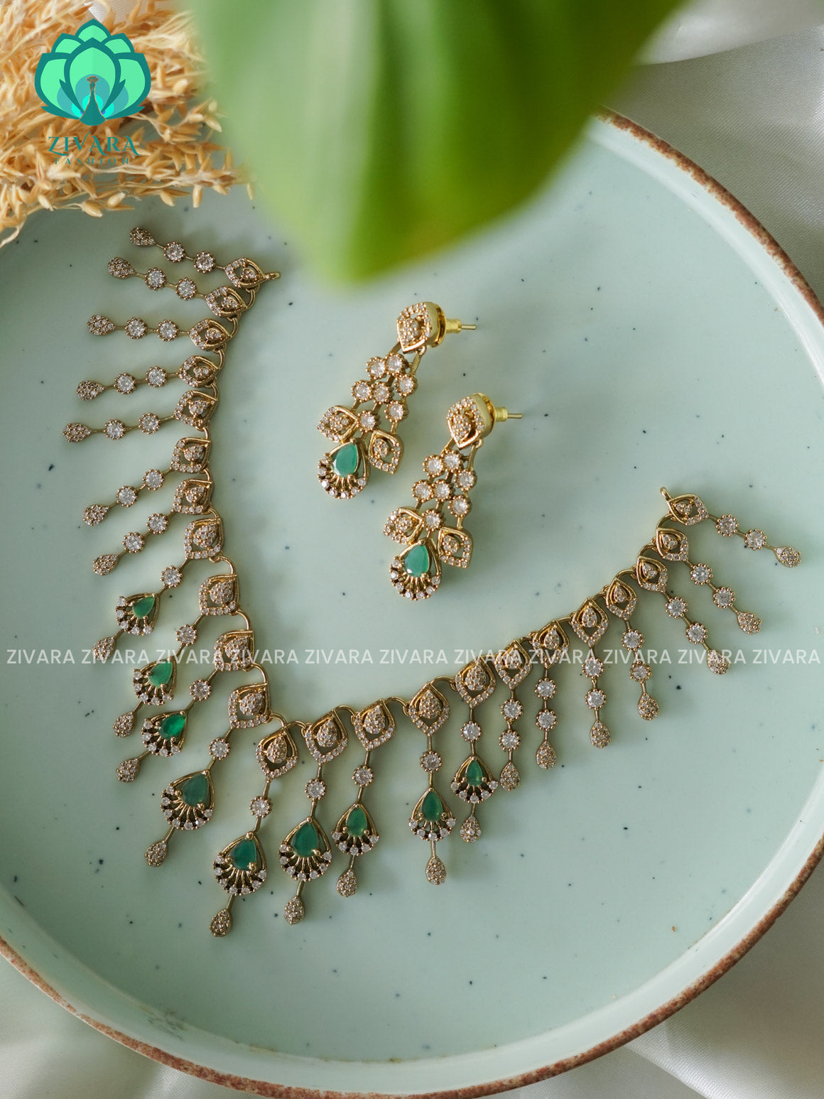 GREEN TEAR DIAMOND REPLICA - stylish and minimal elegant neckwear with earrings- Zivara Fashion
