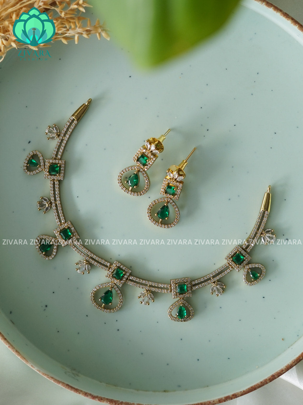 GREEN TEAR SIMPLE FLORAL - stylish and minimal elegant neckwear with earrings- Zivara FashioN