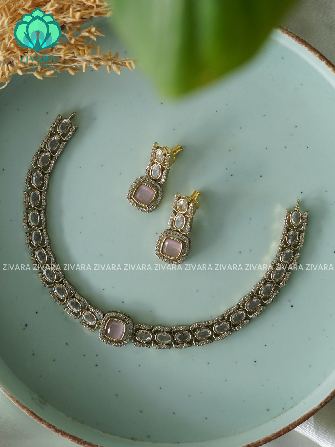 PINK - STRAIGHT LINE  - stylish and minimal elegant neckwear with earrings- Zivara Fashion