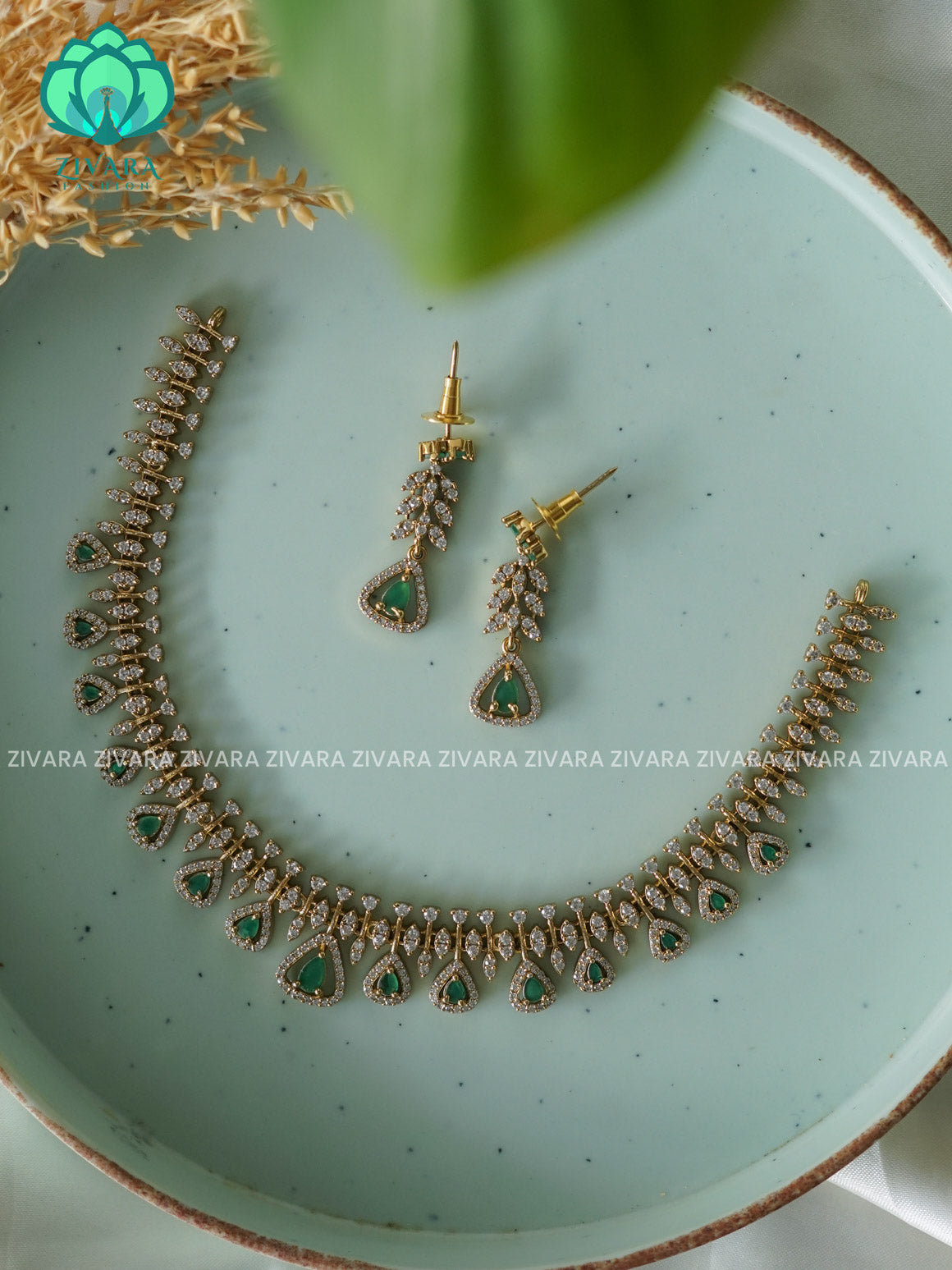 GREEN MOTIF FREE  - stylish and minimal elegant neckwear with earrings- Zivara FashioN