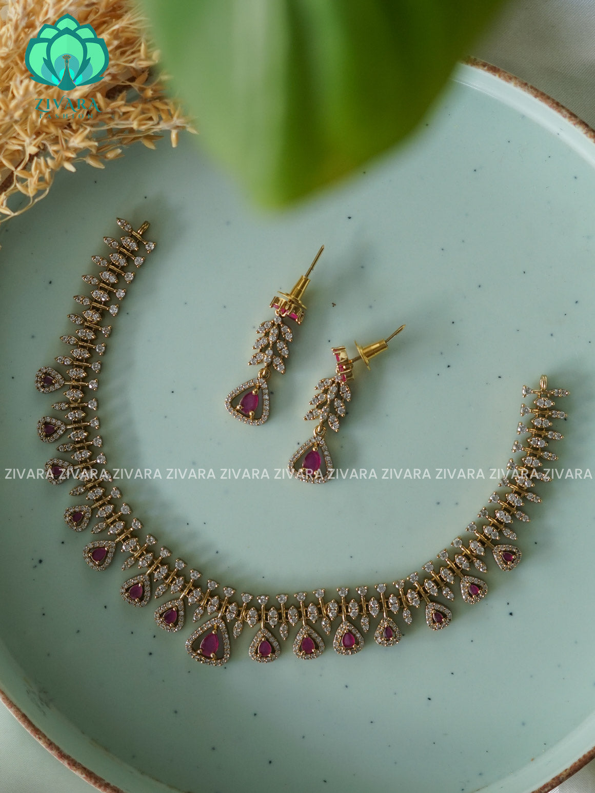 RUBY MOTIF FREE  - stylish and minimal elegant neckwear with earrings- Zivara FashioN
