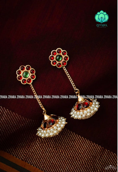 RED AND GREEN  -DHIVYA  - HANDMADE JHUMKAS - latest kemp dance jewellery collection