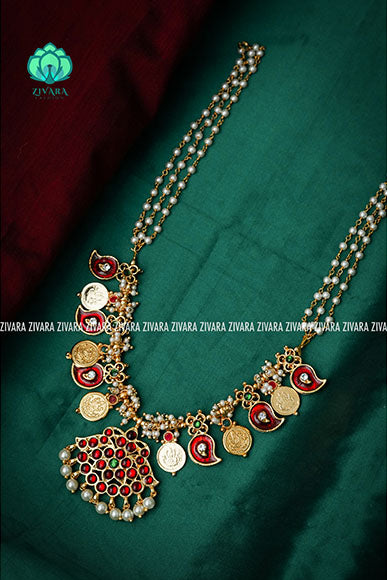 Maya- Traditional kemp guttapusalu type necklace with pearl beads-south indian kemp neckwear for women