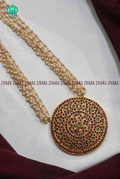 Jeevitha - Traditional kemp neckwear with pearl bunch chains-south indian kemp neckwear for women