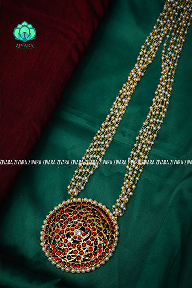 Chinthamani - Traditional kemp neckwear with pearl bunch chain-south indian kemp neckwear for women