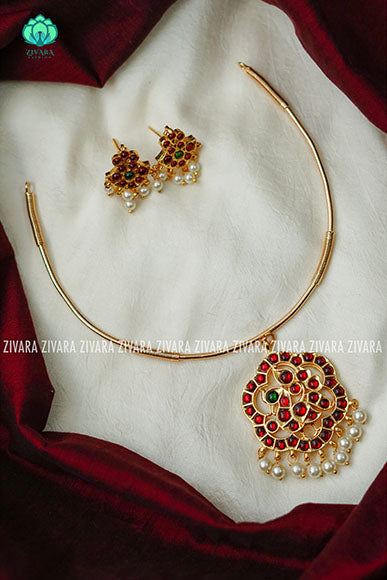 Kajal- Kemp pipe Neckwear with earrings - south indian customised fusion jewellery