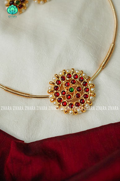 Red and green- Kanchana- Kemp pipe Neckwear with earrings - south indian customised fusion jewellery