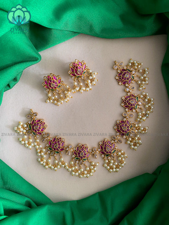 Real kemp lotus -Traditional south indian premium neckwear with earrings- Zivara Fashion- latest jewellery design.