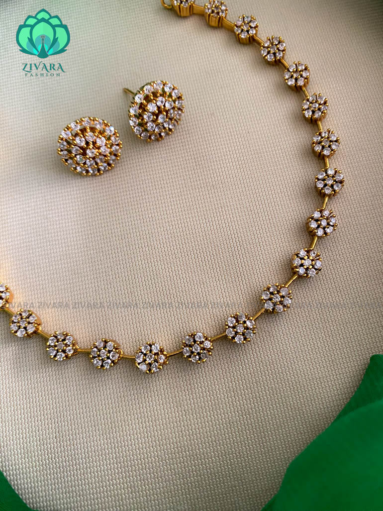 Kids friendly Simple floral white stone neckwear with earrings- Zivara Fashion