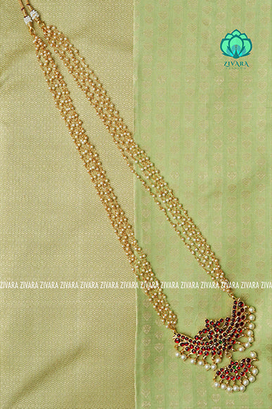 Kokilam - Traditional kemp midchest with pearl bunch chain-south indian kemp neckwear for women
