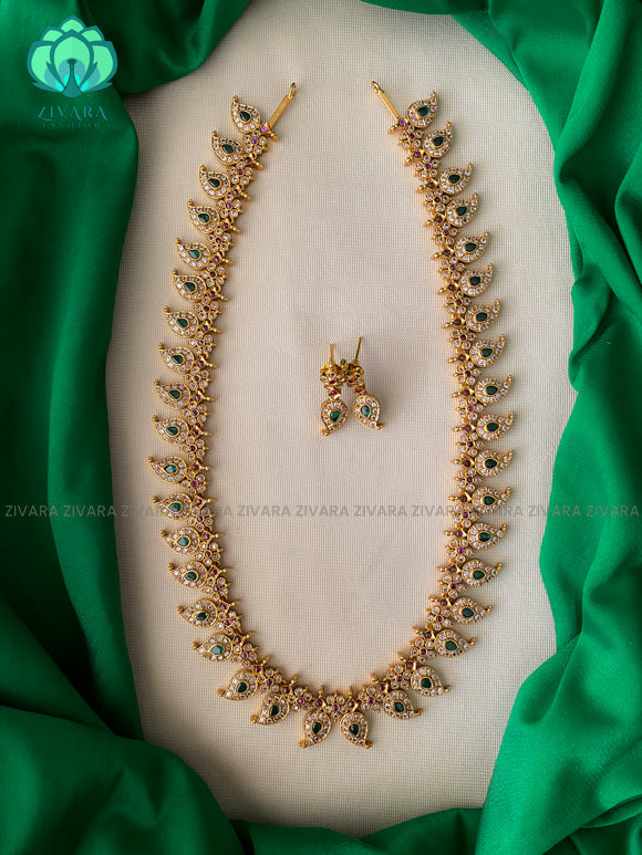 Green manga long Haaram with earrings- CZ Matte Finish- Zivara Fashion