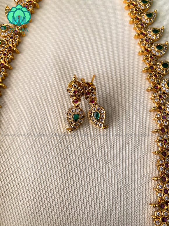 Green manga long Haaram with earrings- CZ Matte Finish- Zivara Fashion