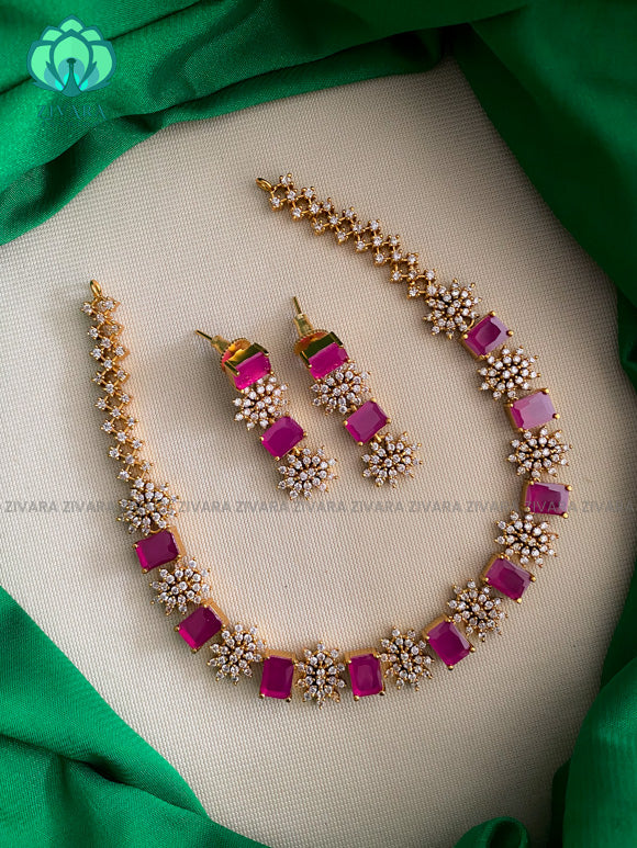 Amazing diamond look alike floral necklace with earrings CZ matte Finish- Zivara Fashion