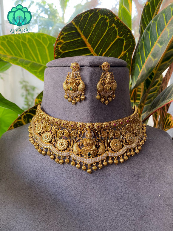 GOLD look alike temple choker with earrings - Bridal  jewellery with earrings-indian bridal jewellery