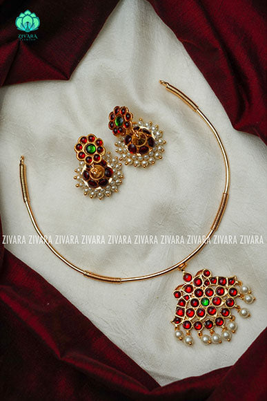 Red and green - Kalini- Kemp pipe Neckwear with earrings - south indian customised fusion jewellery