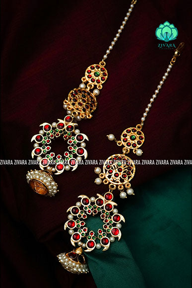 RED AND GREEN - MAGUDAM WITH MAATAL - HANDMADE JHUMKAS - latest kemp dance jewellery collection