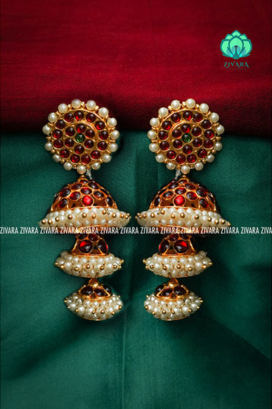 RED AND GREEN - DHANYA  - BIG SIZE HANDMADE JHUMKAS - latest kemp dance jewellery collection