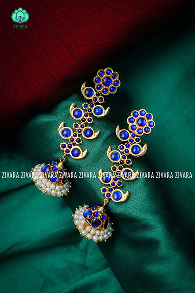 BLUE - IYAL  - LONG HANDMADE JHUMKAS - latest kemp dance jewellery collection